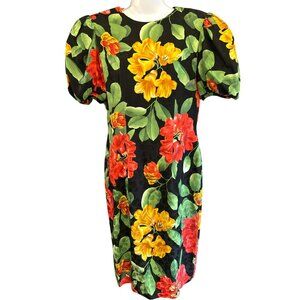 Vintage 1980s Adrianna Papell Tropical Floral Short Sleeve Silk Dress Size 10